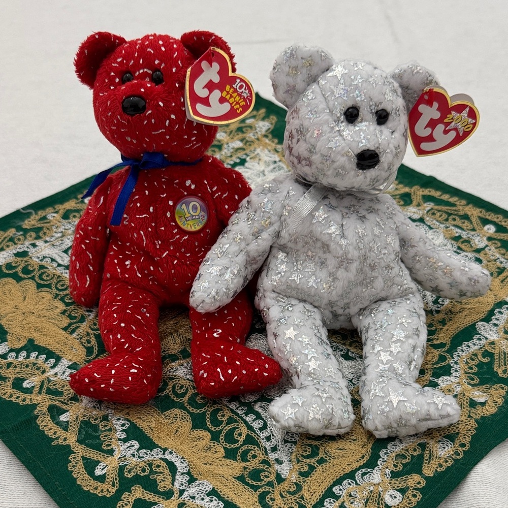 Ty Red sparkle Decade and White sparkle The Beginning Beanie Bears w/ tags (mlb)